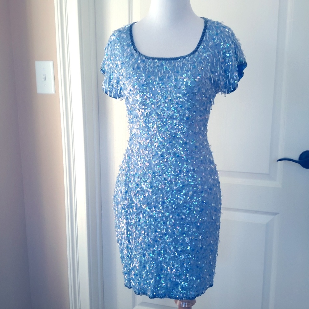 A.J.Bari Silk Beaded Skye Blue Dress